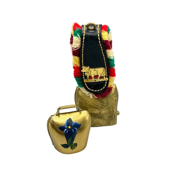 Vintage Primitive Brass Cowbells One with Leather Straps One Hand Painted - Picture 1 of 8